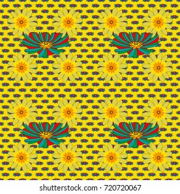 Purple, yellow and blue colors vector seamless pattern with many flowers.