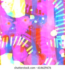 Purple, yellow, blue, white, red spots and strokes. Abstract seamless texture for fabric, wrapping. Chaotic background. Vector pattern