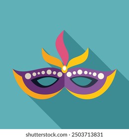 Purple and yellow carnival mask with feathers is lying on turquoise background with long shadow