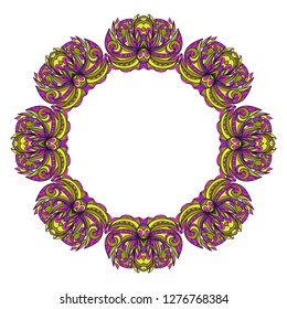purple, yellow color decorative circle frame. Floral ornament. Vector illustration