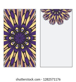 Purple, yellow color Set of two Indian country mandala ornament concept. Ethnic design, on festive and background. Vector background. Card or invitation. Islam, arabic, indian, ottoman motifs