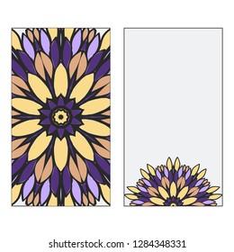 Purple, yellow color Set of two Indian country mandala ornament concept. Ethnic design, on festive and background. Vector background. Card or invitation. Islam, arabic, indian, ottoman motifs