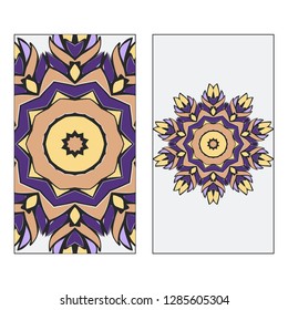 Purple, yellow color Set of two Indian country mandala ornament concept. Ethnic design, on festive and background. Vector background. Card or invitation. Islam, arabic, indian, ottoman motifs