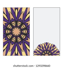 Purple, yellow color Set of two Indian country mandala ornament concept. Ethnic design, on festive and background. Vector background. Card or invitation. Islam, arabic, indian, ottoman motifs