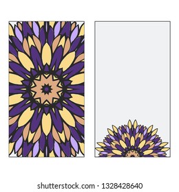 Purple, yellow color Set of two Indian country mandala ornament concept. Ethnic design, on festive and background. Vector background. Card or invitation. Islam, arabic, indian, ottoman motifs