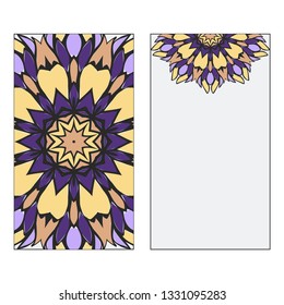 Purple, yellow color Set of two Indian country mandala ornament concept. Ethnic design, on festive and background. Vector background. Card or invitation. Islam, arabic, indian, ottoman motifs