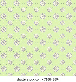 Purple and yellow colors flowers pattern. Vector illustration with simple flat flowers on the green background. Eps 10