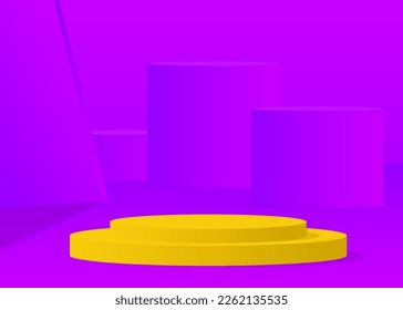 Purple and yellow cylinder pedestal podium. Abstract stage showcase for presentation. Futuristic vector 3D room. Mockup product display with Sci-fi minimal geometric forms, empty scene.