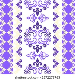 Purple and yellow damask vector seamless pattern on white background with decorative ornament. Template for carpet, shawl, wallpaper, elaborated border, and clothing.