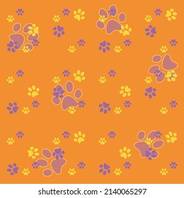 Purple and yellow dog`s trace seamless on orange background
