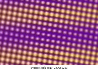 Purple and yellow dotted halftone vector background. Shiny gradient halftone pattern. Retro or disco halftone banner template. Rough neon dotted pattern. Abstract dotted backdrop. Pop art design