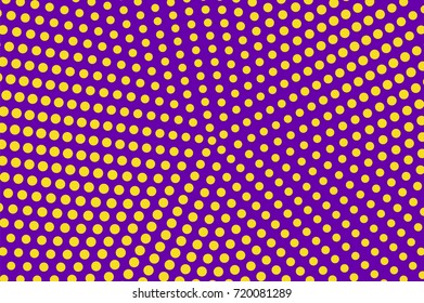 Purple and yellow dotted halftone vector background. Centered gradient halftone pattern. Retro or disco halftone banner template. Rough neon dotted pattern. Abstract dotted backdrop. Pop art design
