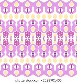 Purple and yellow embroidery, motif ethnic ikat seamless textile illustration, print striped ornament, pattern, design for wrapping, silk, scarf, clothing, background, textile, carpets, curtains.