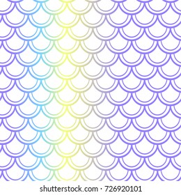 Purple yellow fish scale seamless pattern. Colorful gradient net on white. Fish skin vector pattern. Mermaid pattern. Fish seamless pattern tile. Mermaid tail background. Shiny fishscale ornament