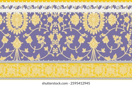 A purple and yellow floral patterned textile design, for textile, wallpaper, gift wrapping, print