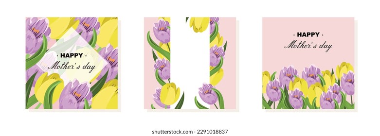 Purple and yellow floral templates with tulips for happy Mother's Day. Vector floral templates collection..