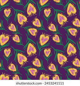A purple and yellow flower pattern with hearts and green leaves. The flowers are drawn in a cartoon style and are arranged in a way that creates a sense of movement and energy