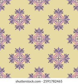 Purple and yellow flower seamless pattern with damask ornament. Vector Illustration. Victorian style, ideas for textiles, wallpaper, rugs, carpets, pottery, tiles, and curtains.