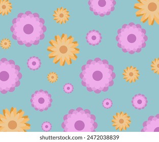 Purple and yellow flowers on a mint green background.