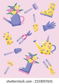 Purple and Yellow Gardening Tools, Collection, Vector