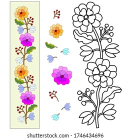 Purple,  yellow, geranium flower, freehand drawing with a black line, coloring for children, print, use for coloring book, colored individual elements, divided drawing details, isolated parts