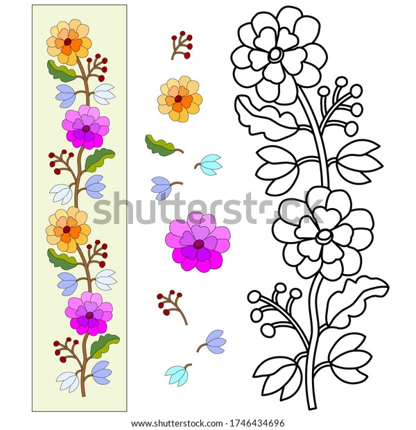 Purple,  yellow, geranium flower, freehand drawing\
with a black line, coloring for children, print, use for coloring\
book, colored individual elements, divided drawing details,\
isolated parts