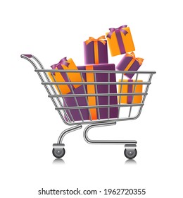 Purple and yellow gift boxes in a shopping cart on a white background,shopping cart and gift boxes isolated for advertising design