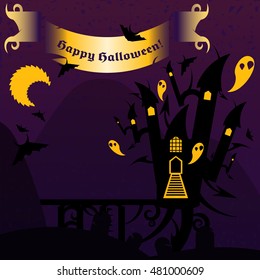 Purple and yellow halloween castle with a text banner. Nice vector illustration