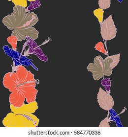 Purple and yellow hibiscus seamless pattern. Vector seamless pattern with tropical flowers in watercolor style with copy space (place for your text). Vector illustration.