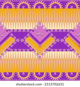 Patrón de tela ikat púrpura y amarillo, el patrón de tela tiene muchas capas de colores, puede ajustar el color, sin costuras, diseño para coser, uso para la producción de impresión.
