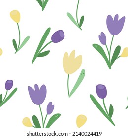 Purple, yellow and lilac colored tulips flowers, green leaves. Seamless vector pattern on a white background. Drawing in a simple cartoon style, for wrapping paper, fabric, wallpaper, cover