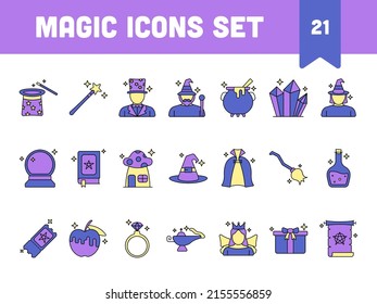 Purple And Yellow Magic Flat Icon Set.