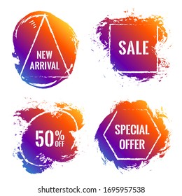 Purple yellow marketing banners for summer sale. Advertising banners with geometric shape borders, black background. Sale label, 50 off special offer tags. Best price advert sign design