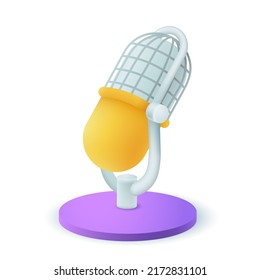 Purple and yellow microphone 3D icon. Studio retro equipment for recording sound, voice on interview or song, radio broadcast 3D vector illustration on white background. Entertainment concept