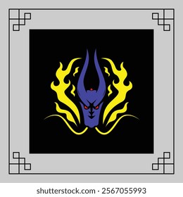 Purple and yellow monster Dragon head with glowing eyes and fire emanating from the sides, on a dark background with geometric borders