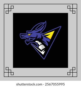 Purple and yellow monster Dragon head with glowing eyes and fire emanating from the sides, on a dark background with geometric borders