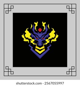 Purple and yellow monster Dragon head with glowing eyes and fire emanating from the sides, on a dark background with geometric borders