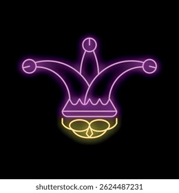Purple and yellow neon sign representing a jester hat on a black background