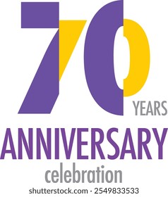 purple and yellow number 70 and the words years anniversary celebration in the bottom, isolated on white background.