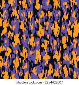 Purple and yellow orange brush stroke textured blob decoration pattern isolated on black square template  for social media post, poster, brochure, paper and textile or scarf print.