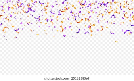 Purple, yellow and orange confetti, ribbon banner isolated on transparent background. abstract