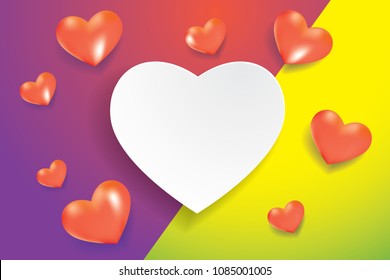 Purple yellow and pink greeting card template 3D hearts paper cut style blank design