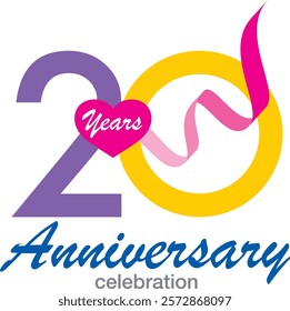 purple and yellow with pink heart shape word year white color and pink confetti number 20 and word anniversary celebration are at the bottom.