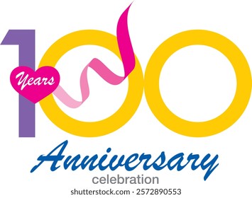 purple and yellow with pink heart shape word year white color and pink confetti number 100 and word anniversary celebration are at the bottom.