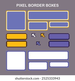 Cajas de juego de interfaz de usuario de borde de marco de estilo de píxel amarillo púrpura