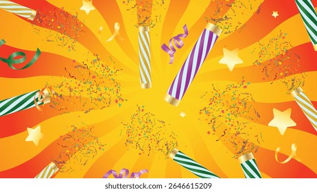 Des poppers violets et jaunes et des bruants triangulaires explosent en étoiles et confettis sur fond bleu ciel en spirale, créant une ambiance de fête amusante.