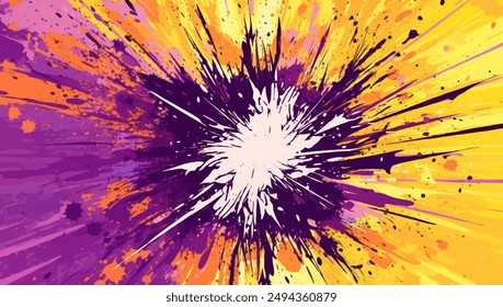 Los rayos púrpura y amarillo irradian hacia el exterior, creando un efecto explosivo con diversos tamaños y tonos de violeta y oro. Las salpicaduras de pintura en los bordes añaden una sensación dinámica. 