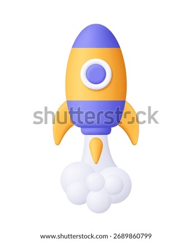 Purple and yellow rocket spaceship launching with smoke clouds. Startup, innovation, space, success, growth, business launch and technology. 3d vector icon. Cartoon minimal style.