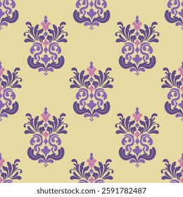 Purple and yellow seamless pattern with damask ornament. Vector Illustration. Victorian style, ideas for textiles, wallpaper, rugs, carpets, pottery, tiles, and curtains.