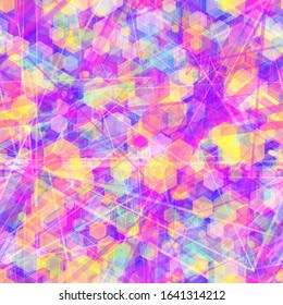 Purple and yellow seamless texture from lines and hexagons. Abstract vector background for web page, banners backdrop, fabric, home decor, wrapping